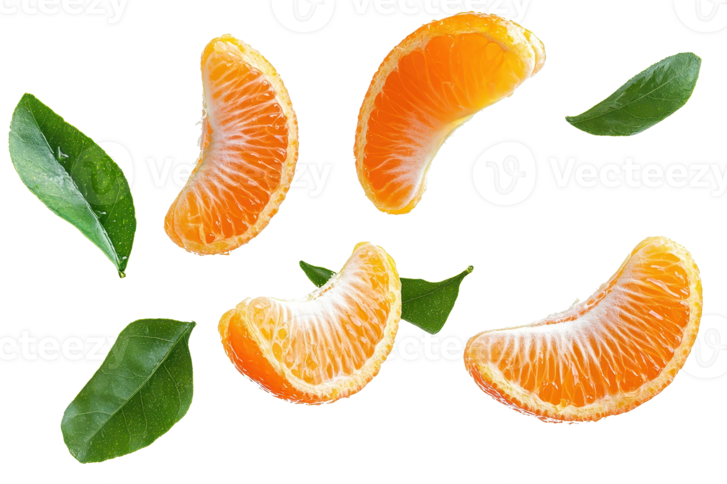 Fresh orange slices with green leaves on transparent background. Vibrant and healthy citrus fruit perfect for food and drink projects. png
