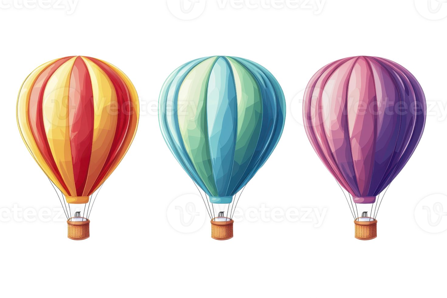 Illustration of three colorful hot air balloons in red, teal, and purple shades on a transparent background. Perfect for travel and adventure themes. png