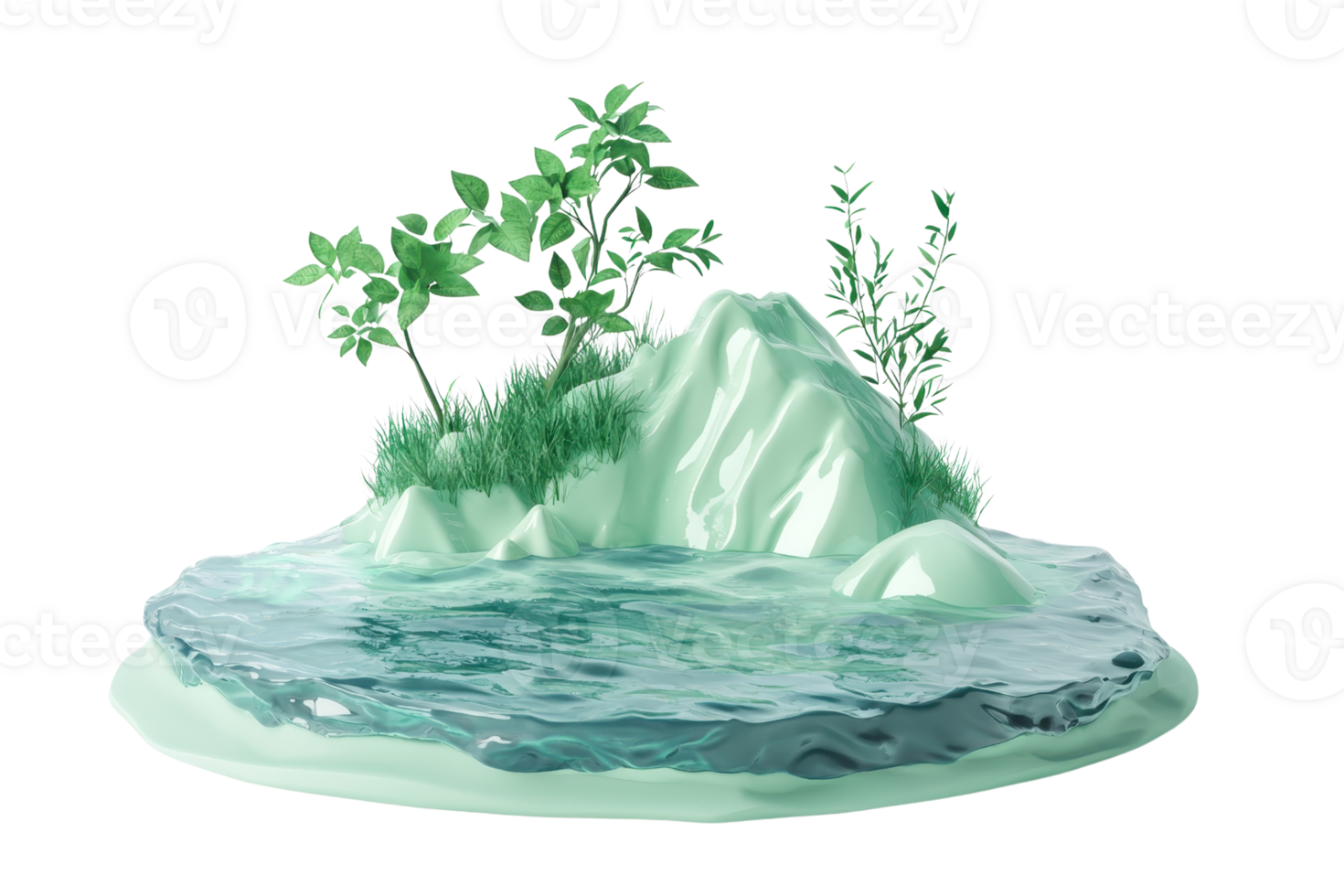 3D rendered nature scene with plants and water on a small landscape. Ideal for design, animation, and visual effects projects. png