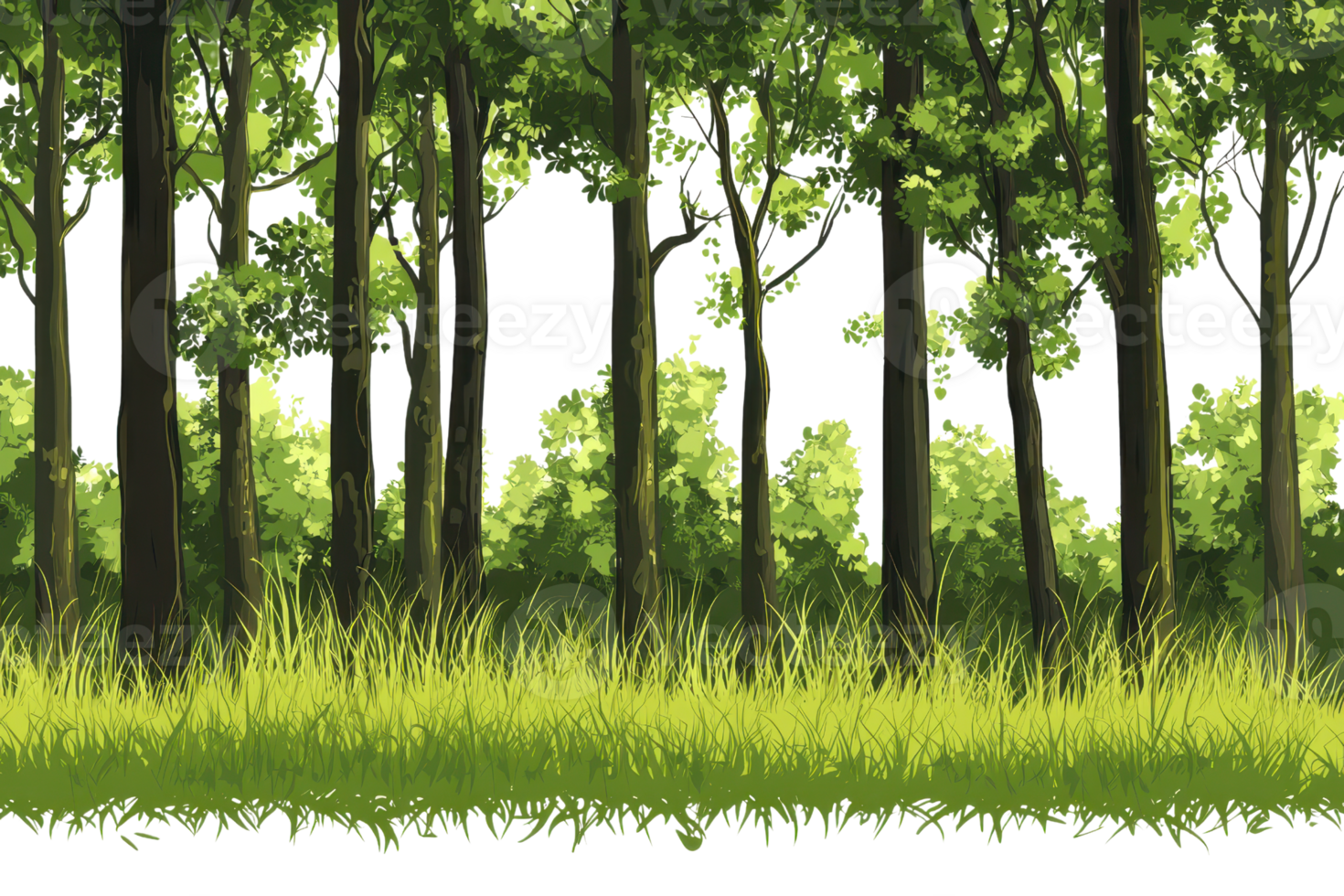 Lush green forest with dense trees and grass, providing a serene and natural atmosphere, perfect for nature and outdoor themed projects. png