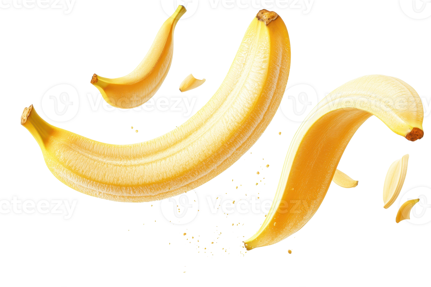 Floating bananas against a transparent background, showcasing fresh tropical fruits perfect for health and diet-related visuals. png