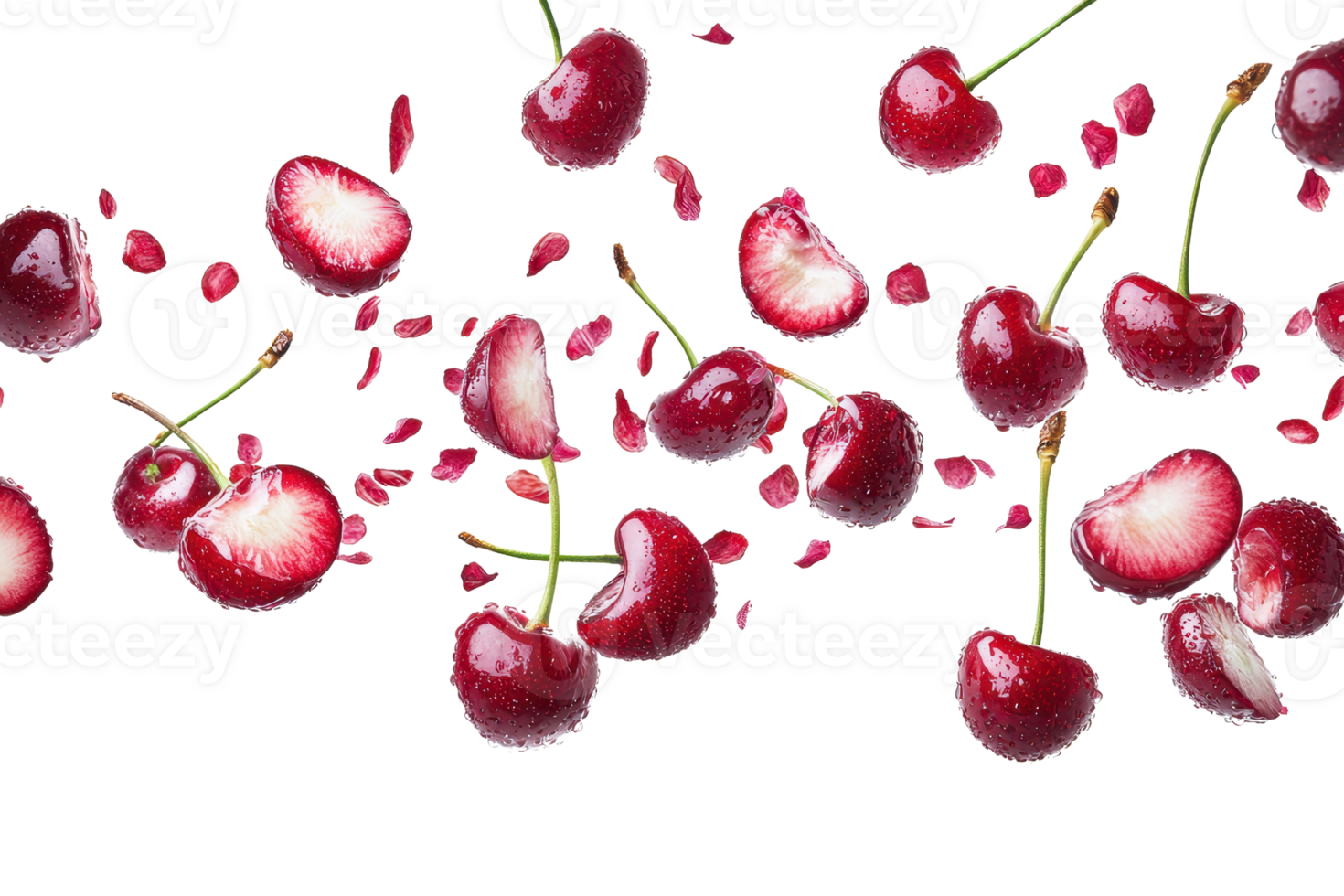 Fresh red cherries with stems isolated on transparent background. scattered with cherry halves and petals, vibrant and juicy, fresh fruit concept. png