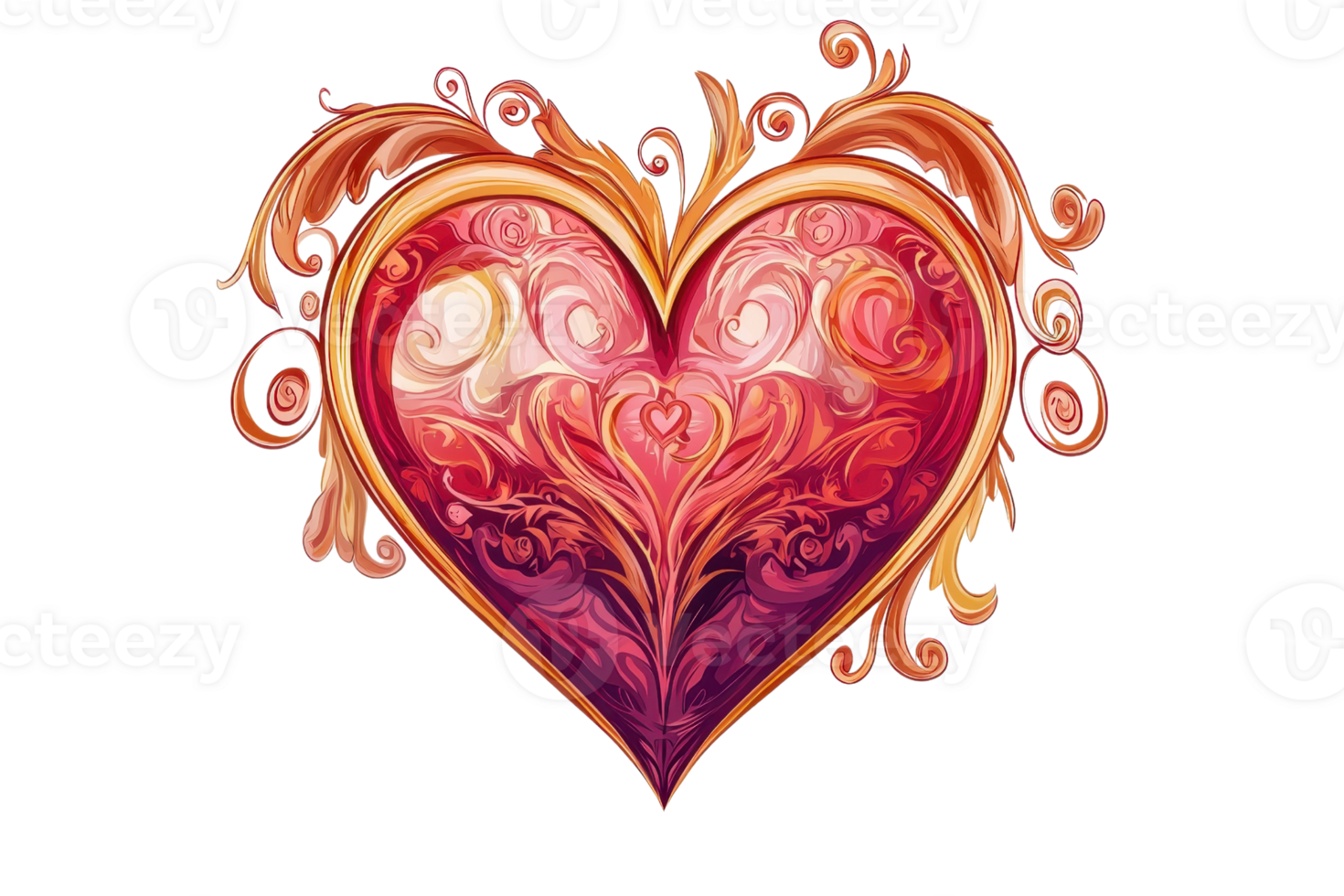 Artistic heart illustration with intricate floral patterns in vibrant shades of red and orange. Perfect for romantic and decorative design projects. png