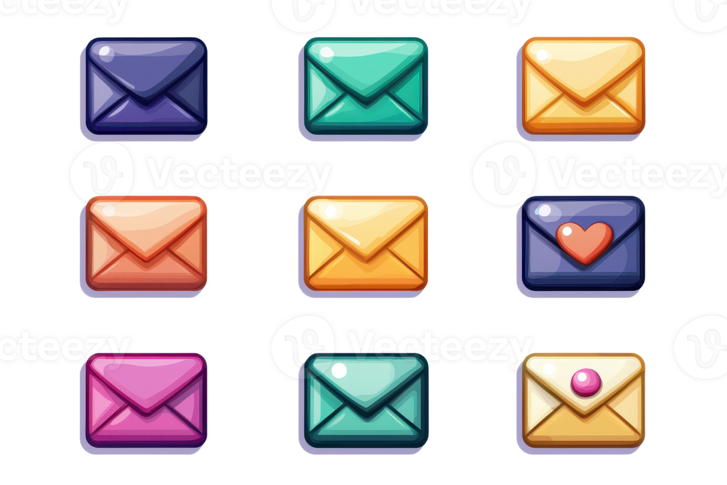 Colorful cartoon-style envelope icons set against a transparent background. Ideal for email, communication, or messaging-themed designs. png