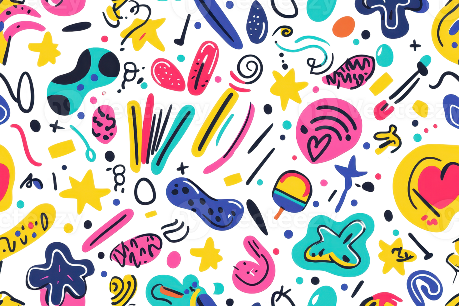 Vibrant abstract doodle pattern featuring colorful shapes and whimsical elements, perfect for creative backgrounds. png