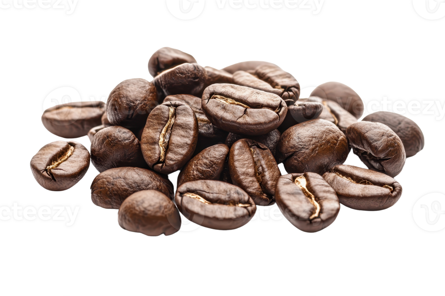 Close-up of roasted coffee beans in a pile, showcasing texture, color, and detail for use in coffee-related projects or designs. png