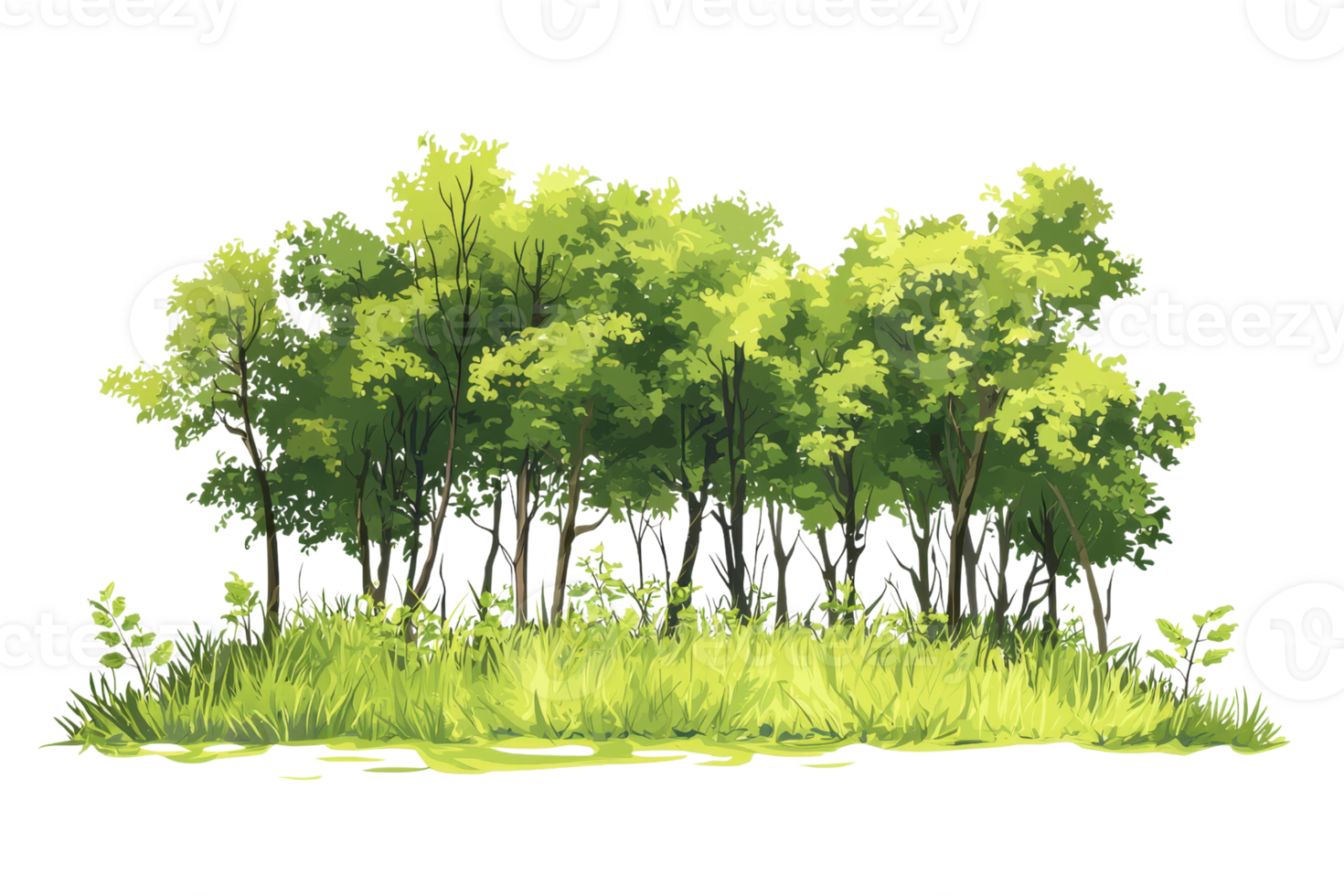 Lush green deciduous trees create a peaceful natural landscape, perfect for nature-related projects or backgrounds. png