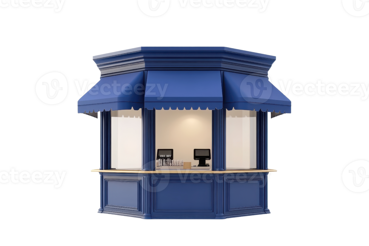 Blue kiosk with computers, suitable for a variety of commercial uses. Stands alone with a focus on the front display and canopy. png