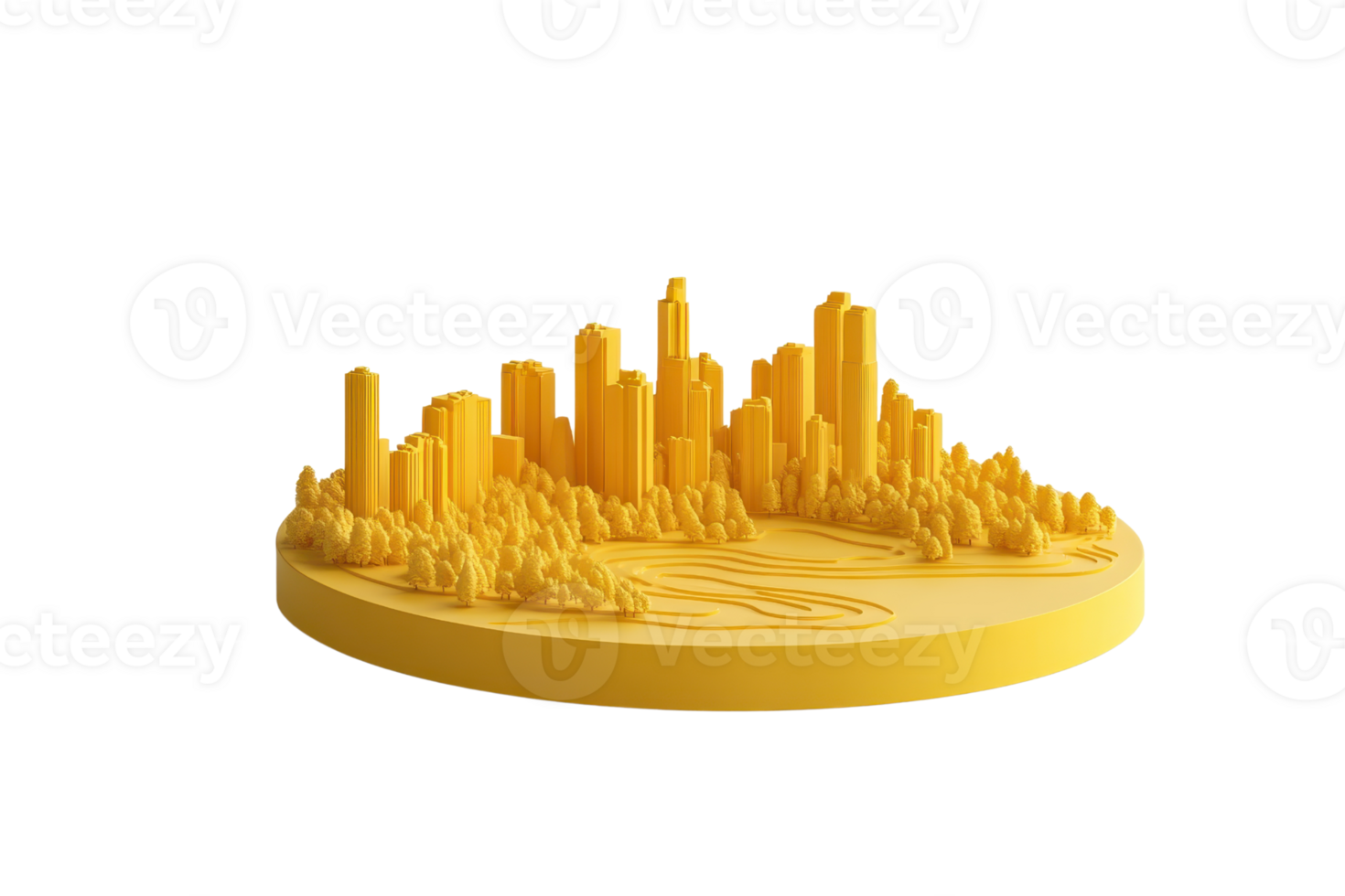 3D printed golden cityscape model showcasing urban architecture and skyline. Ideal for design, architecture, and futuristic projects. png