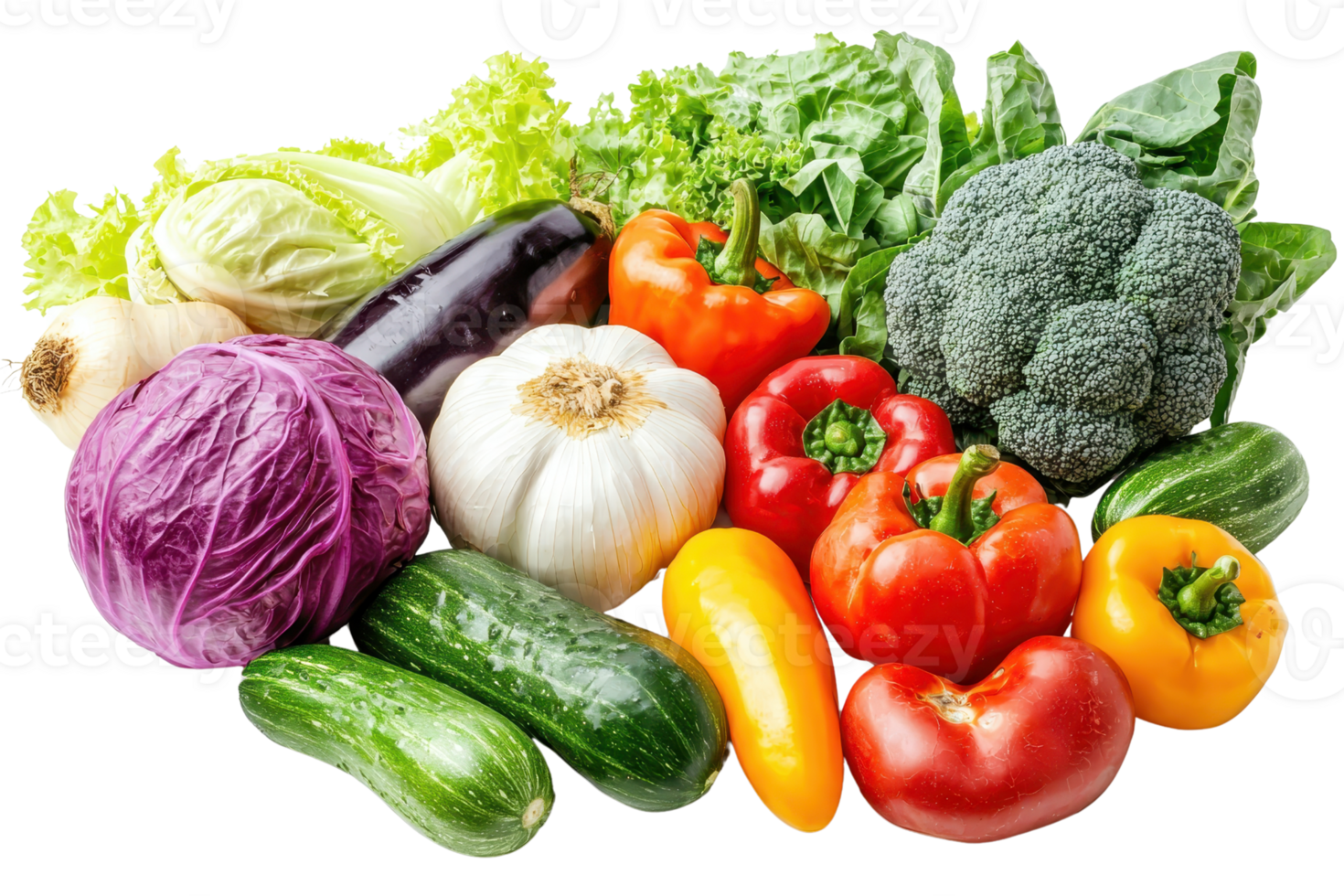Fresh assortment of colorful vegetables including broccoli, bell pepper, lettuce, and more, perfect for healthy eating and cooking. png
