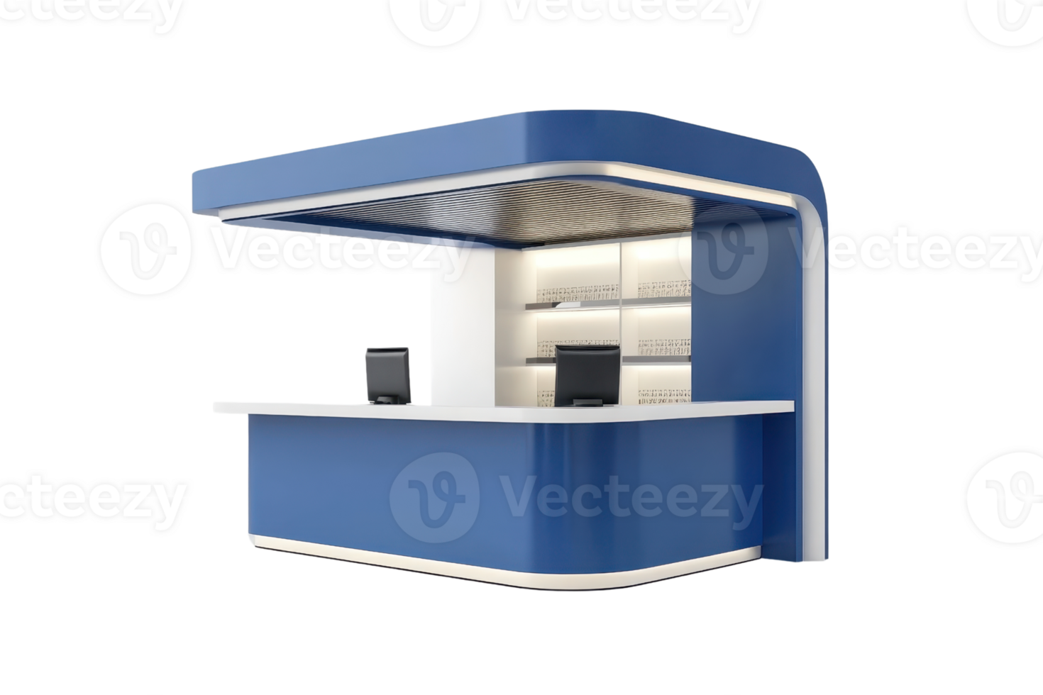 Modern blue and white reception desk in office setting with two computers, ideal for business and corporate environments. png