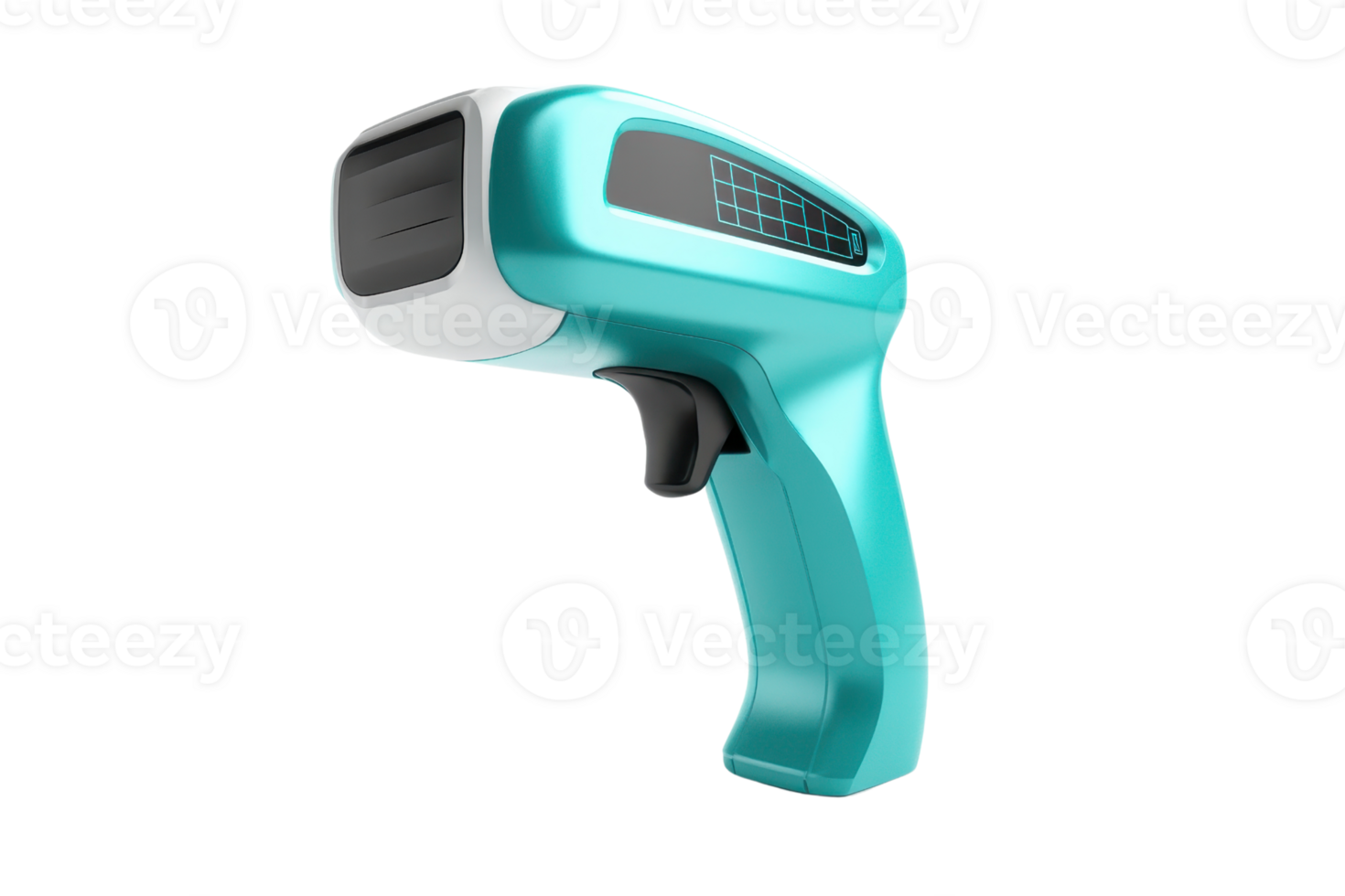 Modern handheld barcode scanner in turquoise color design. Essential tool for retail and inventory management efficiency. png