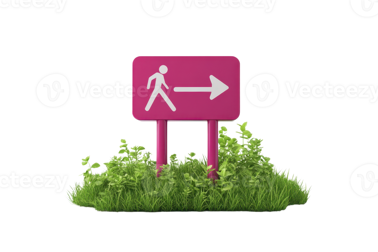 Pink pedestrian sign on green grass pointing right, symbolizing direction and guidance. Suitable for travel and navigation themes. png