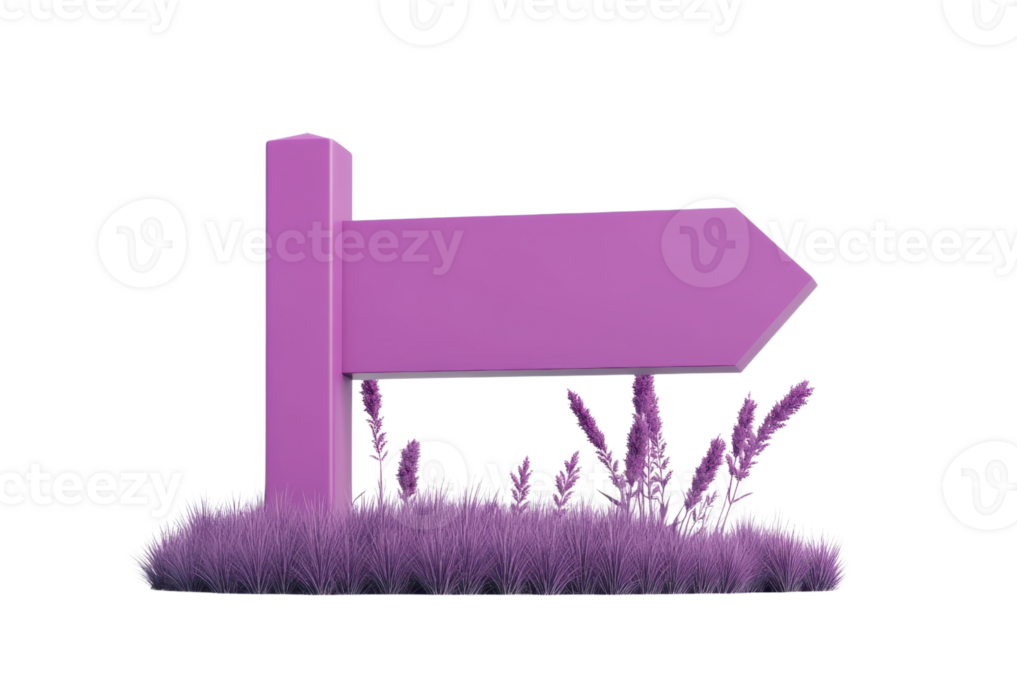 Purple 3D wooden signpost with grass. Directional guide for paths and routes. Ideal for travel, navigation, and nature themes. png