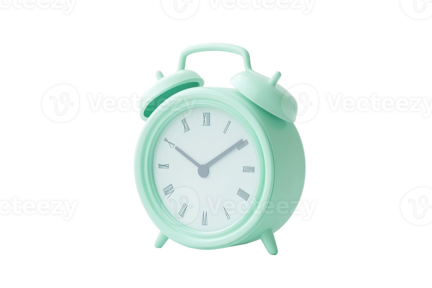 Vintage mint green alarm clock with classic design, isolated on transparent background. Perfect for time management and home decor concepts. png