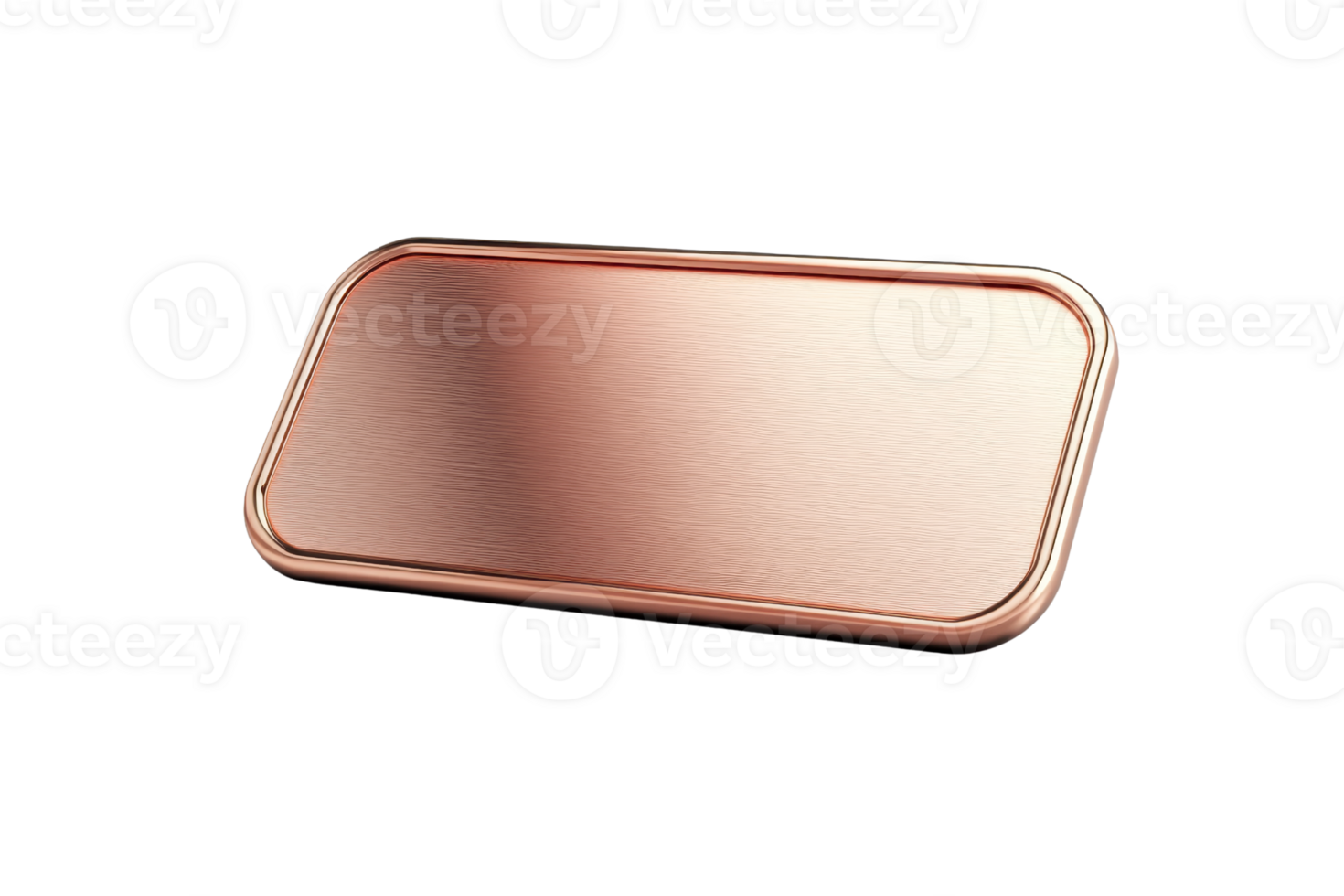 Rose gold rectangular metal plate with rounded corners, isolated on transparent background. Modern and sleek design element for various uses. png