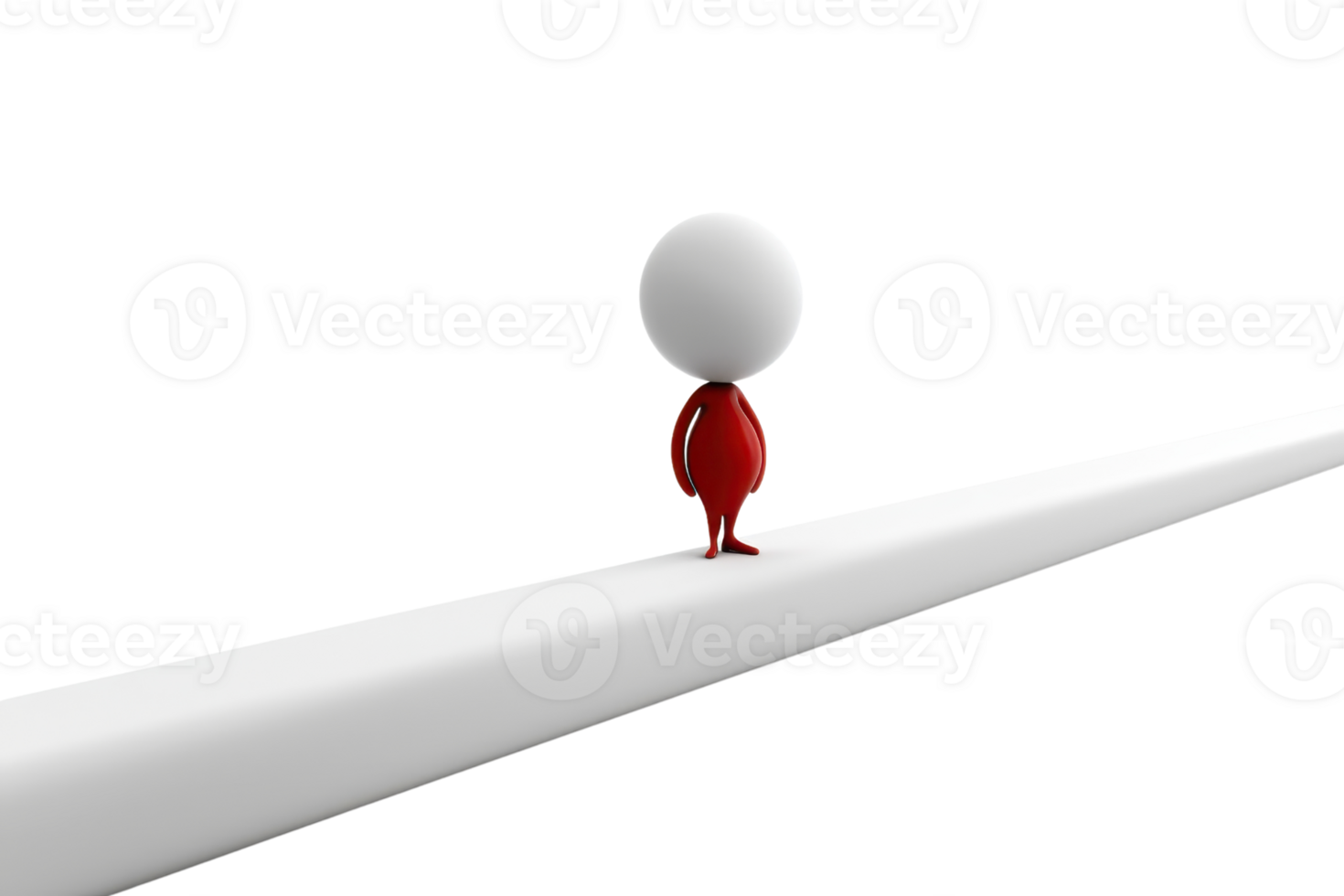 3D illustration of a minimalistic character walking on a thin white surface, with a plain background, symbolizing balance and simplicity. png