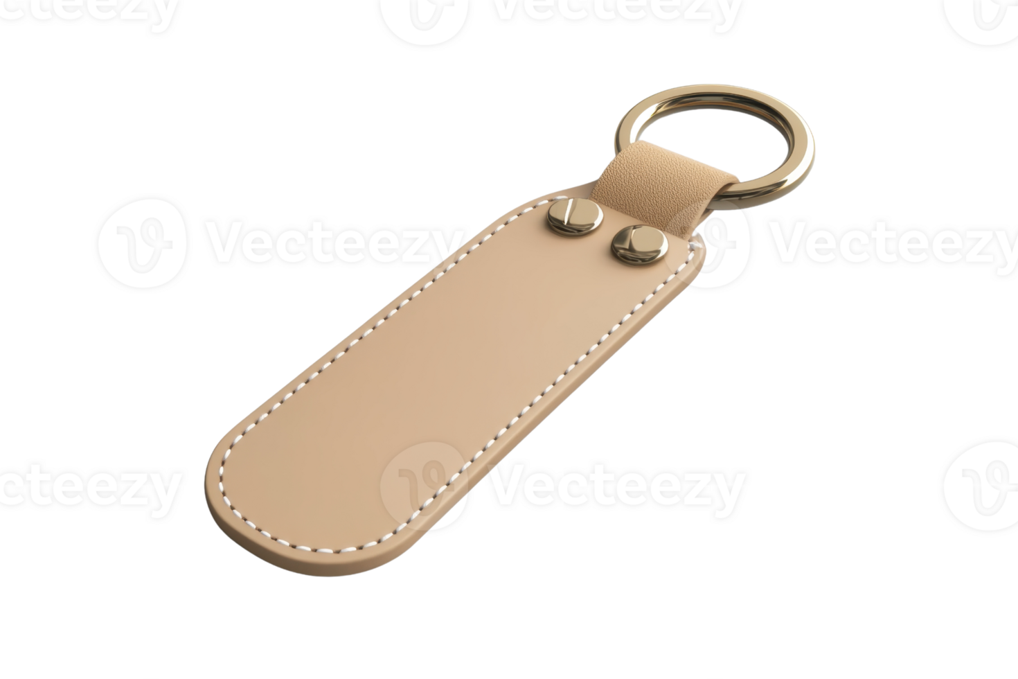 Elegant beige leather keychain with metal ring and double rivets, isolated on transparent background. Perfect for stylish key organization. png