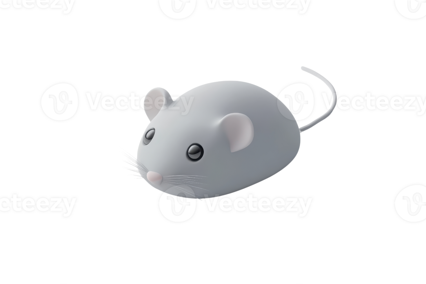 A cute 3D illustration of a gray mouse with black eyes and a long tail. Perfect for educational or playful design projects. png