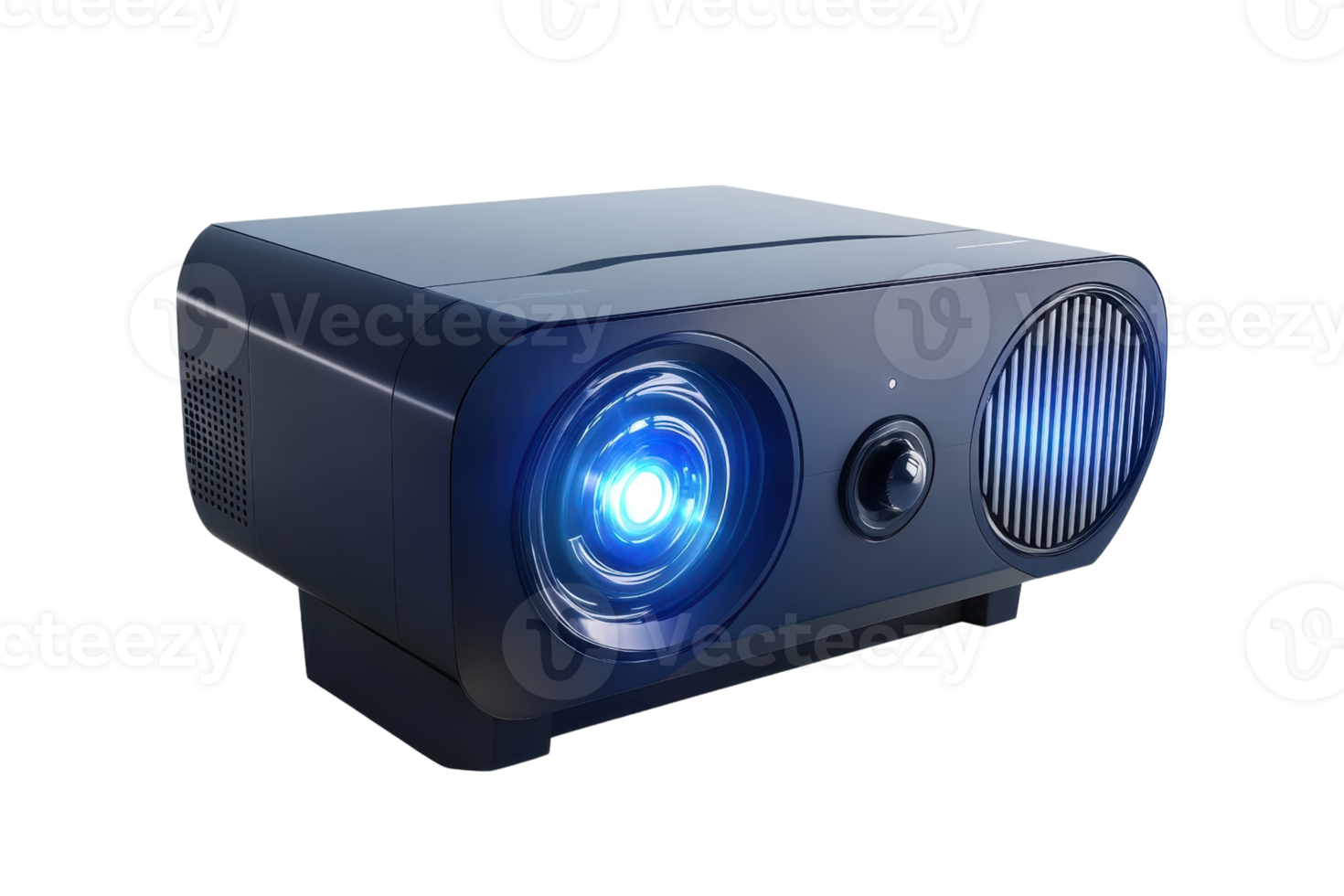 Digital multimedia projector with blue lens light, designed for home cinema and business presentations. Sleek design and advanced technology. png