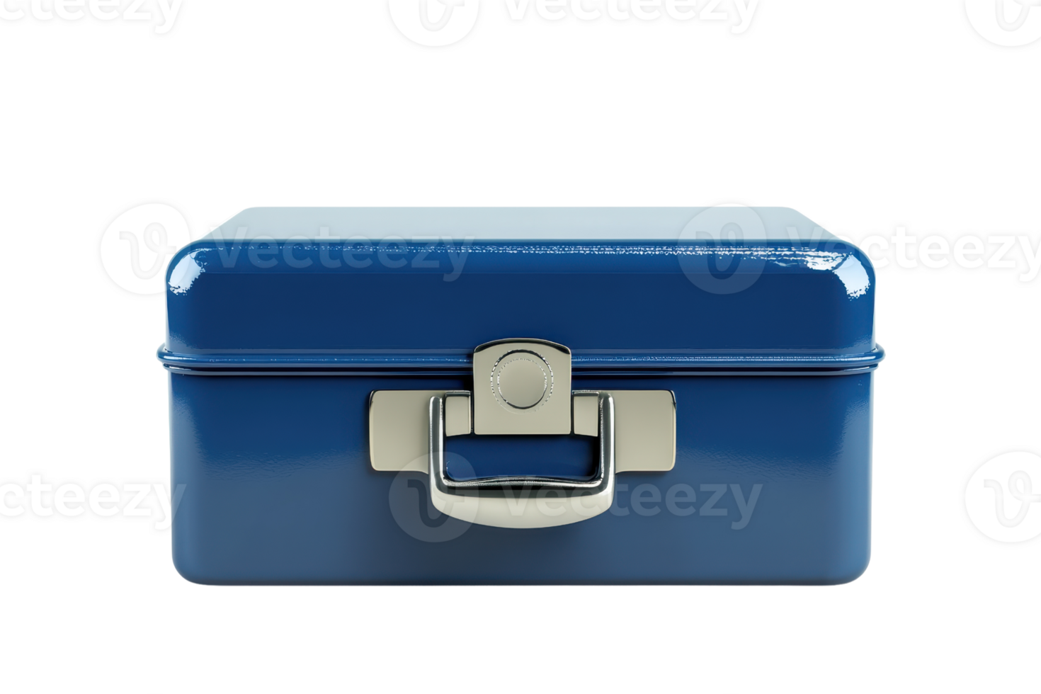 This stock photo features a close-up of a small blue metal storage box with a latch, isolated on a transparent background. png