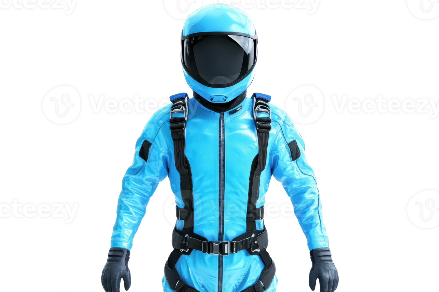 Person in a blue protective hazmat suit standing against a transparent background. ready for action. Full-body safety equipment and helmet. png