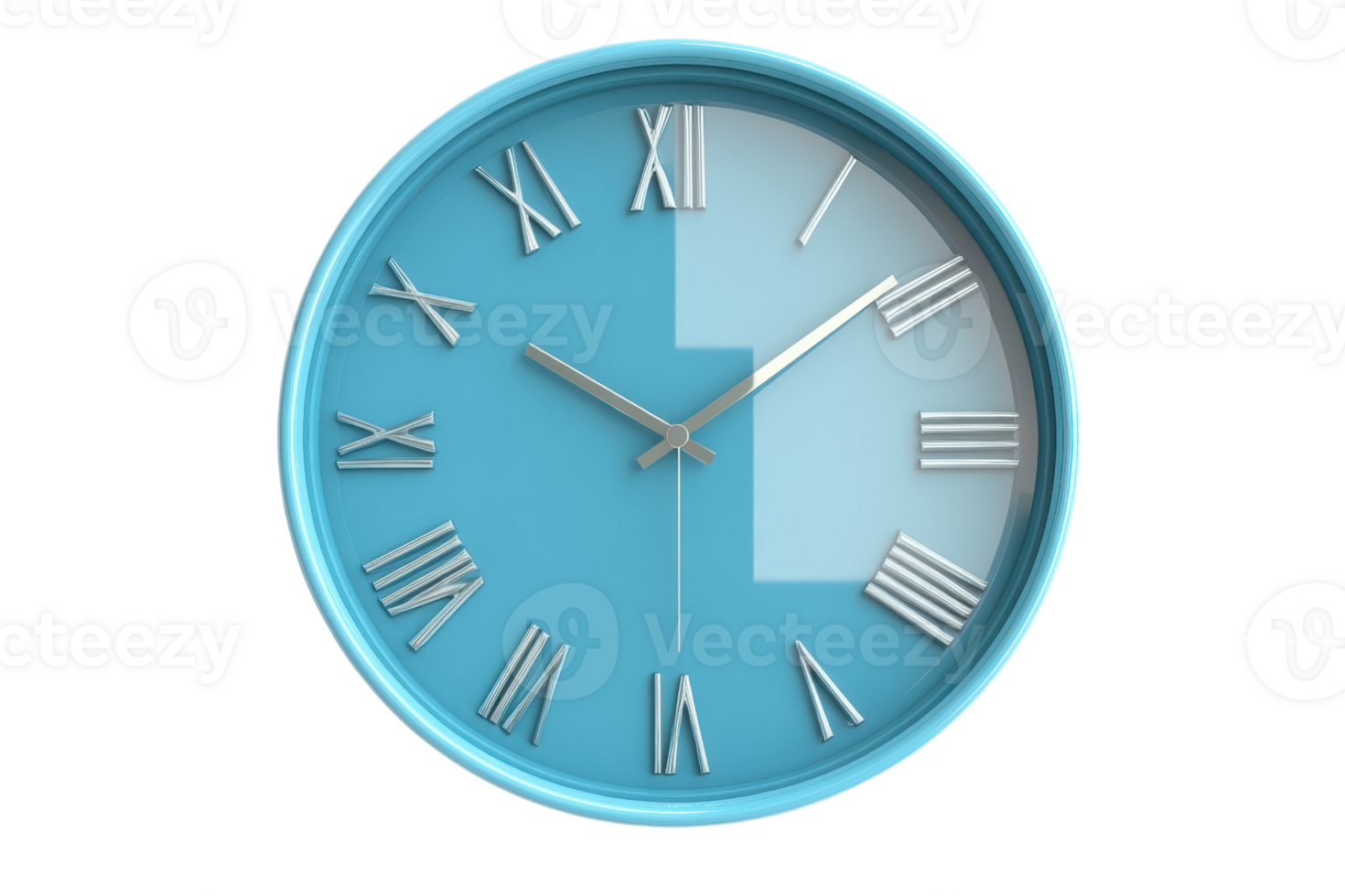 Modern blue wall clock with Roman numerals, clean design, and minimalistic aesthetic. Ideal for home or office decor, adding elegance and functionality. png