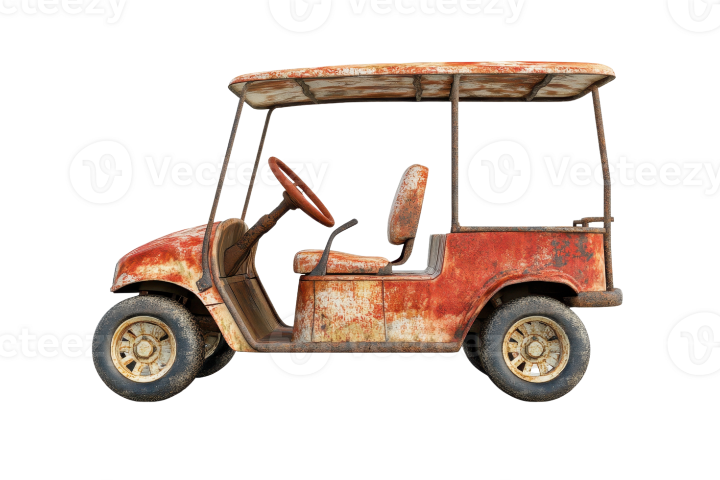 Rusty old golf cart with a weathered, vintage look and missing parts, isolated on transparent background. png