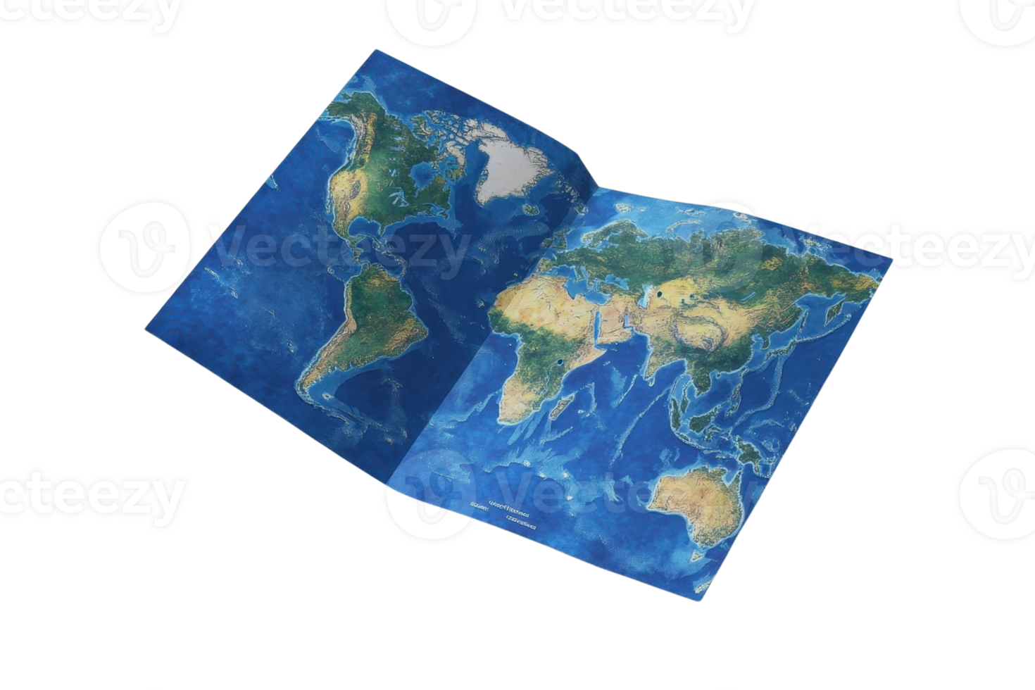Open world atlas book displaying detailed geographical features of continents and oceans, ideal for educational and reference purposes. png