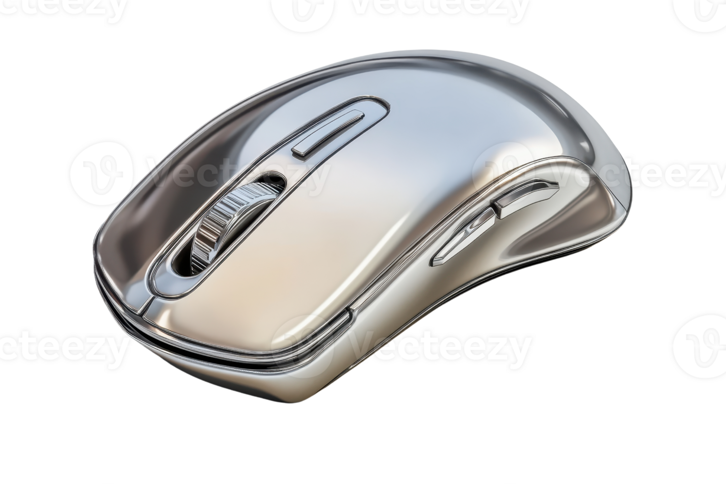 Sleek silver wireless computer mouse with ergonomic design for comfortable use, isolated on transparent background. Ideal for modern tech setups. png