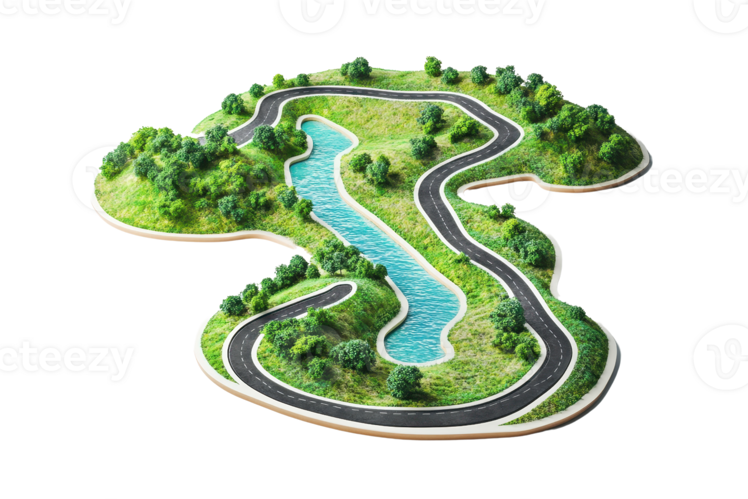 Scenic winding road and river through lush landscape. 3D illustration of nature, travel, and adventure. Serene outdoor journey. png