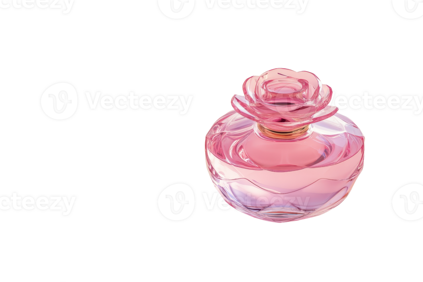 Elegant pink perfume bottle with rose-shaped cap, isolated on transparent background. Ideal for beauty, fragrance, and luxury product themes. png