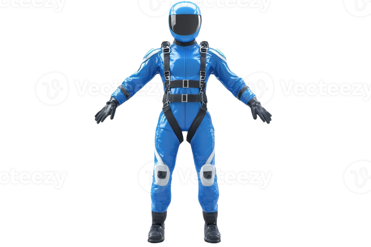 Front view of a blue spacesuit with a helmet, isolated on a transparent background. showcasing modern astronaut gear for space exploration. png