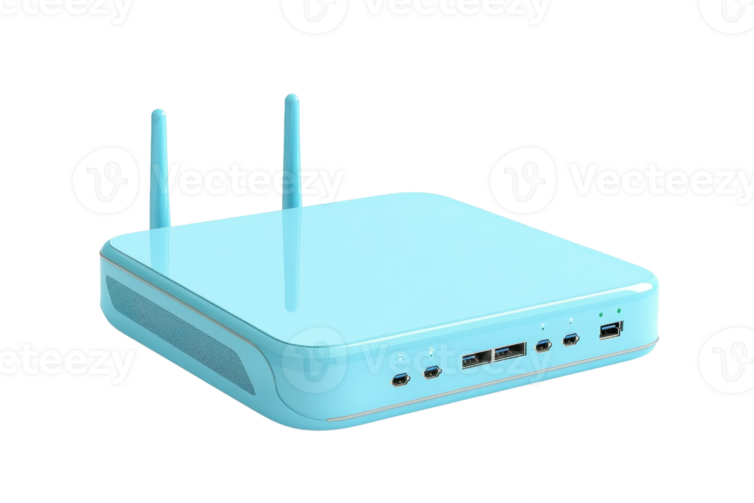 Modern blue wireless router with dual antennas, multiple ports, and sleek design for fast and reliable internet connectivity. png