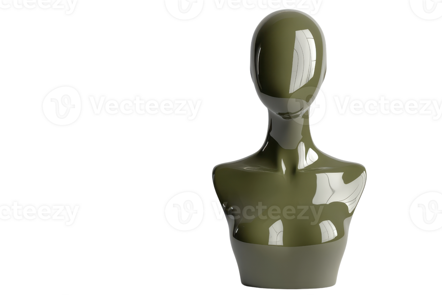 A modern, glossy olive-green mannequin torso on a transparent background. Perfect for fashion displays or art projects. png