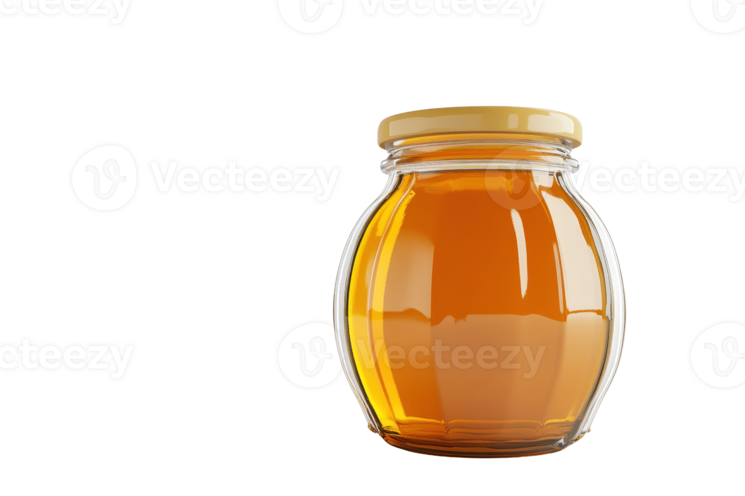 Glass jar filled with golden honey placed against a transparent background. showcasing its rich, natural color and inviting texture. png