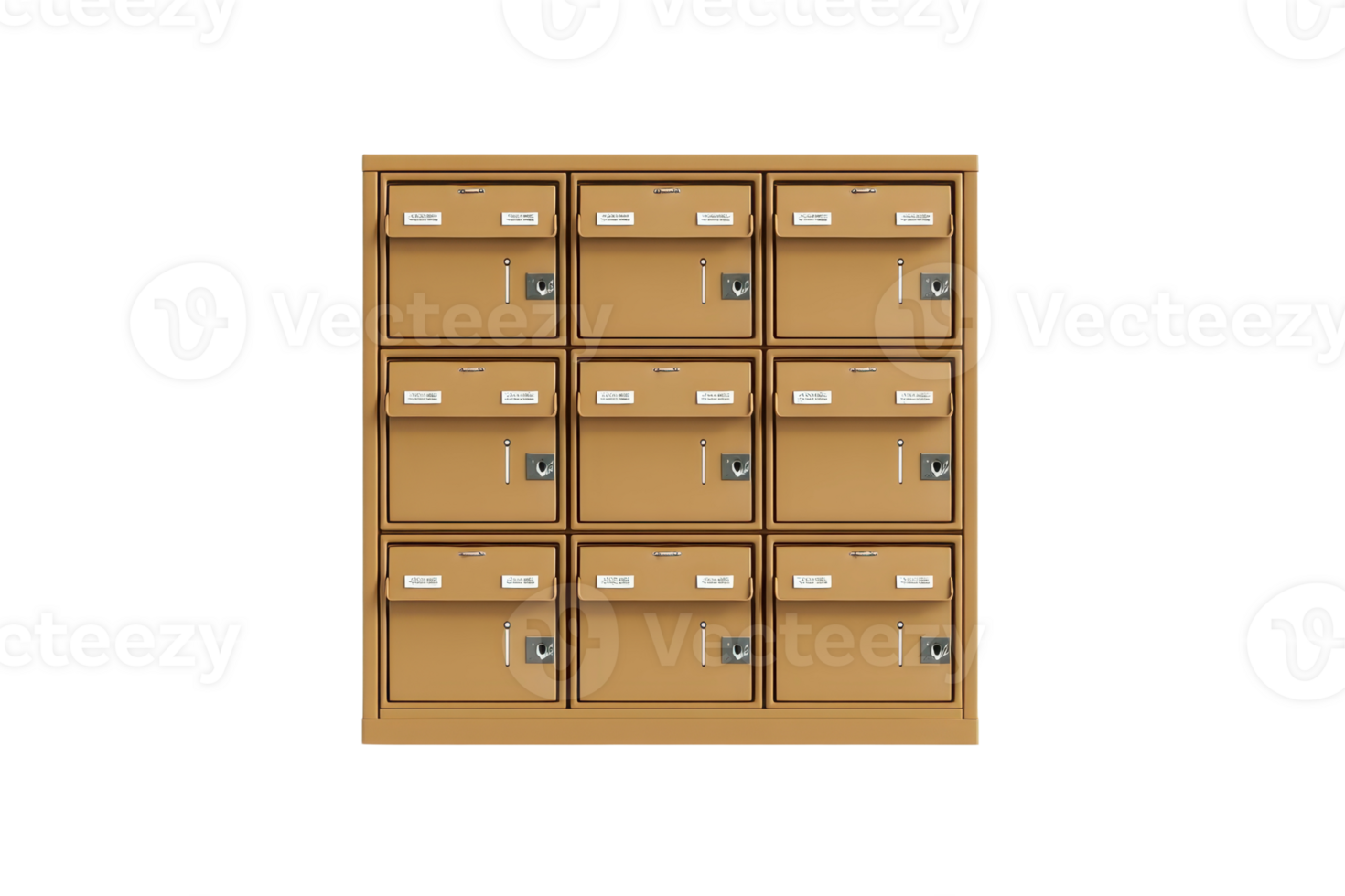 A grid of nine brown mailboxes with lockable compartments. Ideal for representing postal services, communication, and secure mail delivery. png