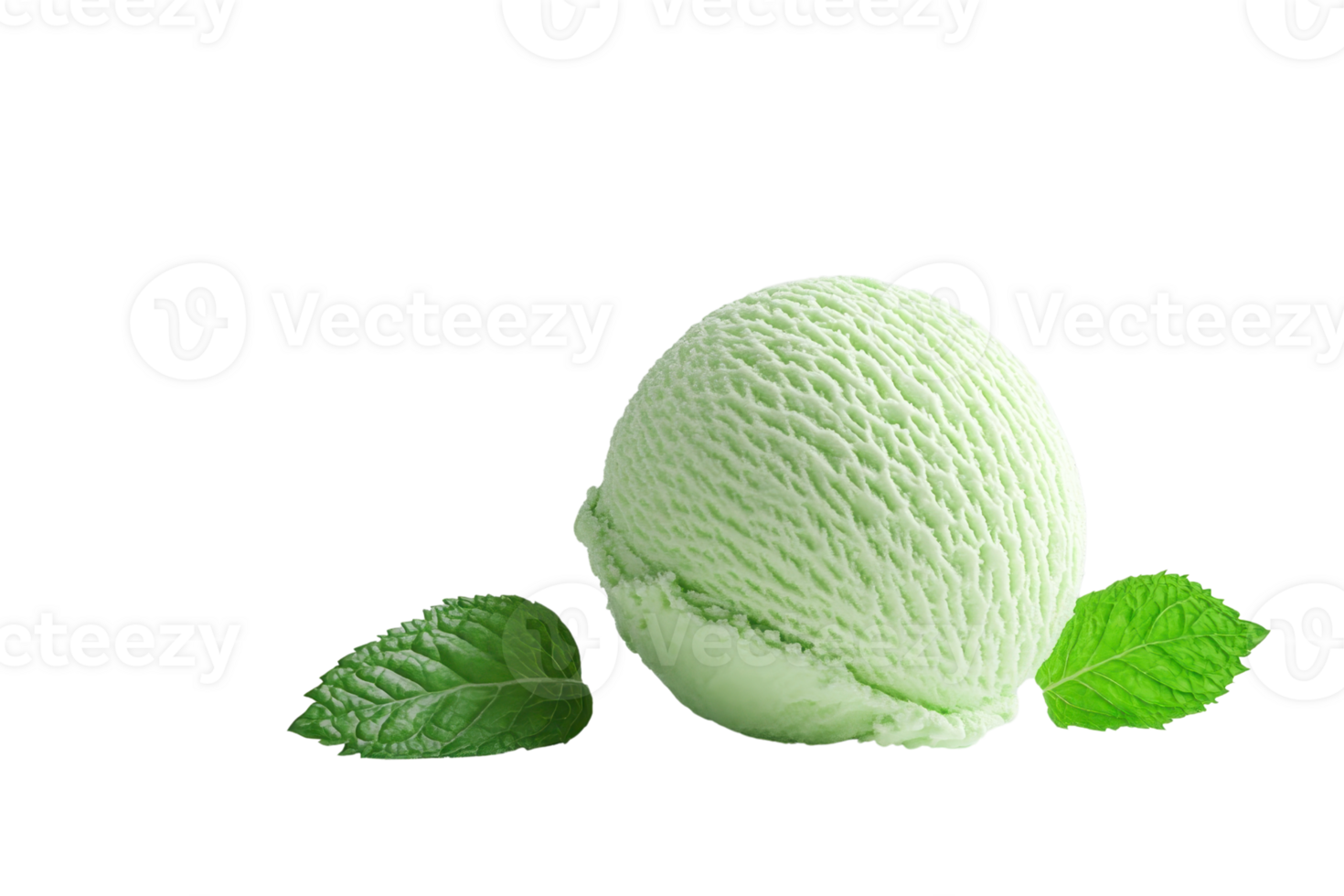 A scoop of refreshing green mint ice cream with two mint leaves on a transparent background. Perfect for dessert or summer-themed visuals. png
