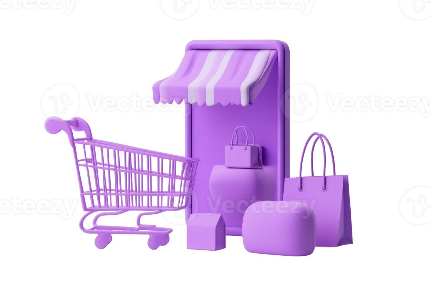 Purple themed online shopping concept with shopping cart, smartphone storefront, and bags isolated on transparent background. png