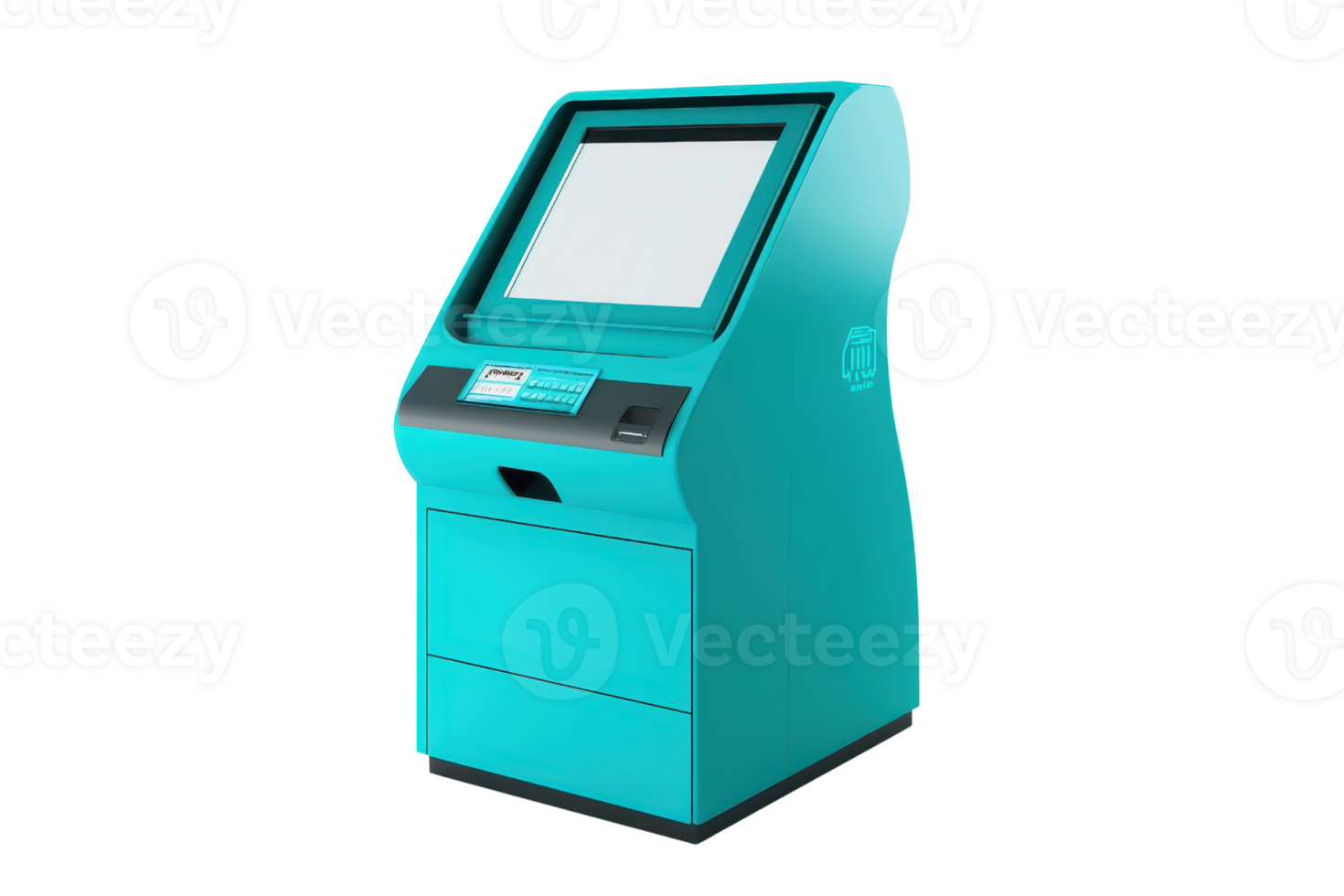 Modern turquoise self-service kiosk machine with touchscreen interface isolated on transparent background. for convenient customer service. png