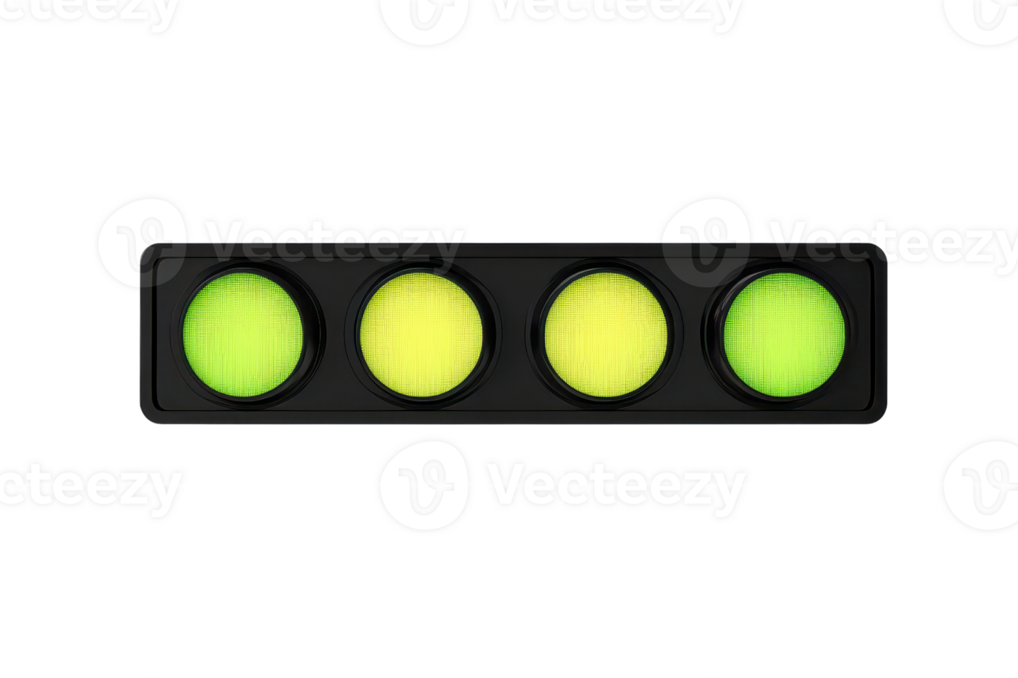 Horizontal traffic light with four glowing green lights on a transparent background. signifying go or safe passage. Isolated on white. png