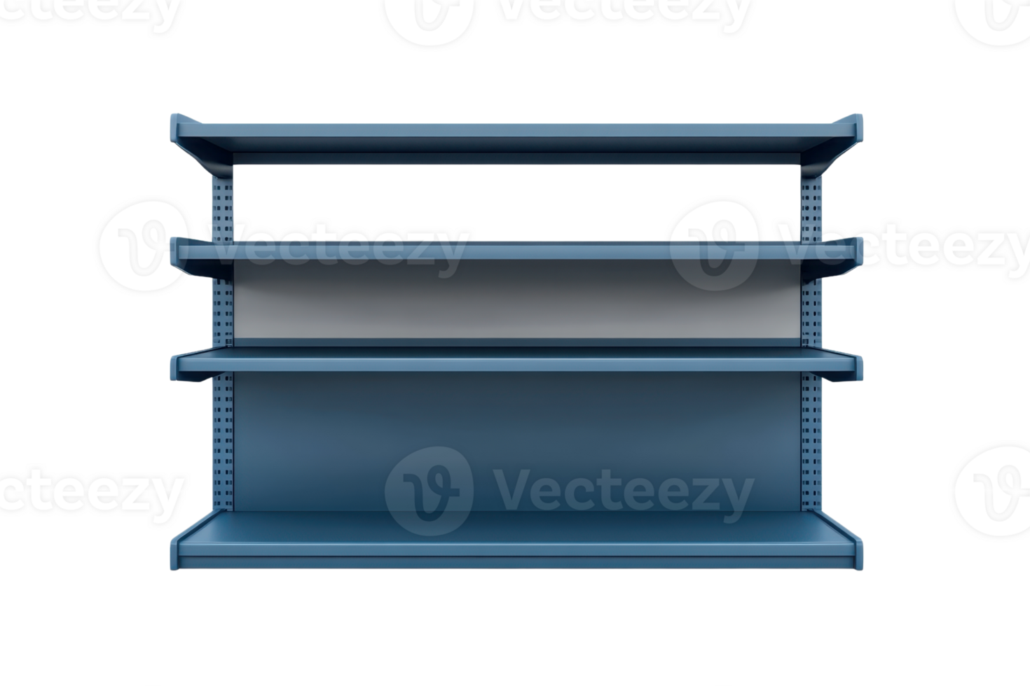 Empty blue retail shelves with three levels isolated on transparent background. ideal for product display and store design concepts. png