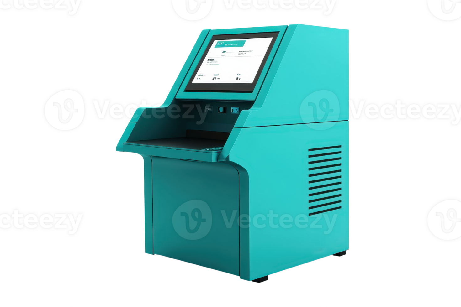 Modern turquoise self-service kiosk with touchscreen display, ideal for transactions, information retrieval, and customer service automation. png
