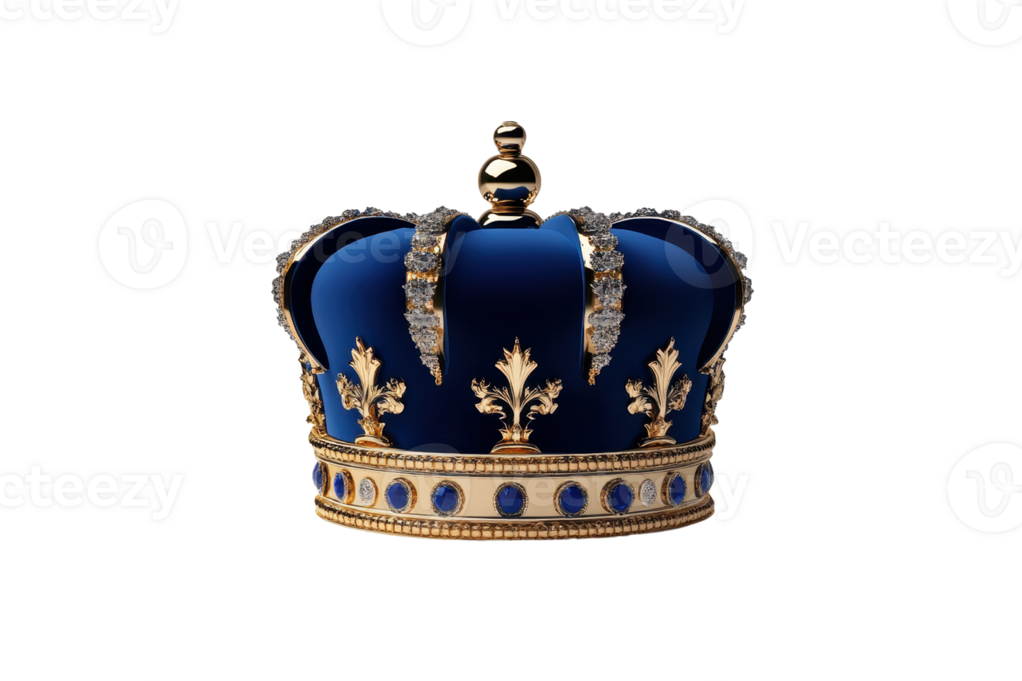 Elegant royal blue and gold crown adorned with intricate details, symbolizing royalty, luxury, and prestige on a transparent background. png