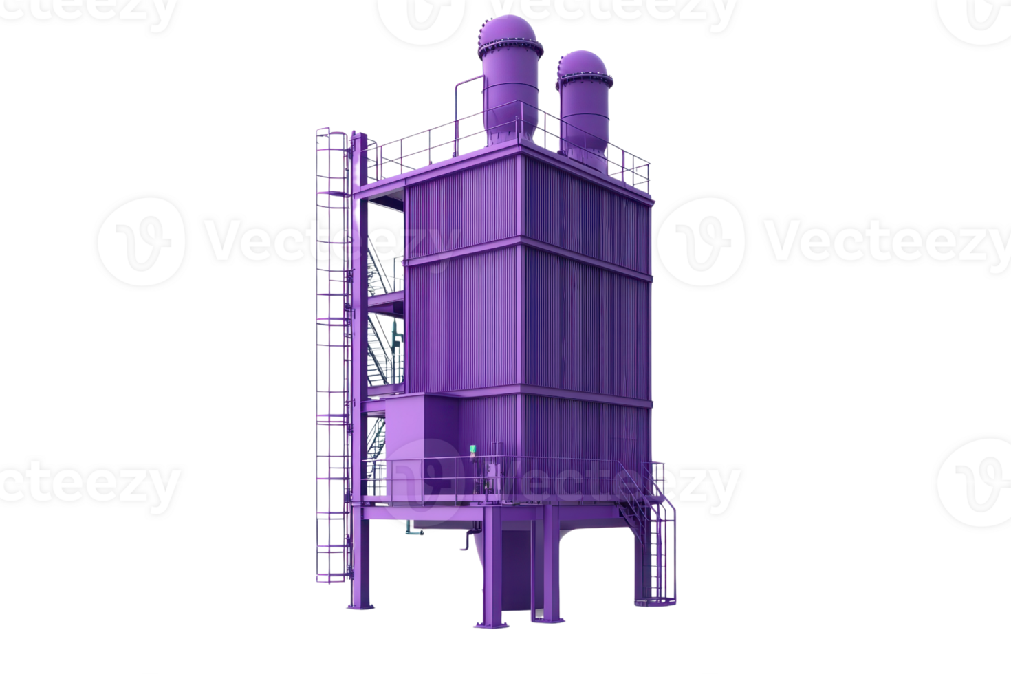 Purple industrial structure with pipelines and ladders used in manufacturing for chemical processing. Isolated on a transparent background. png