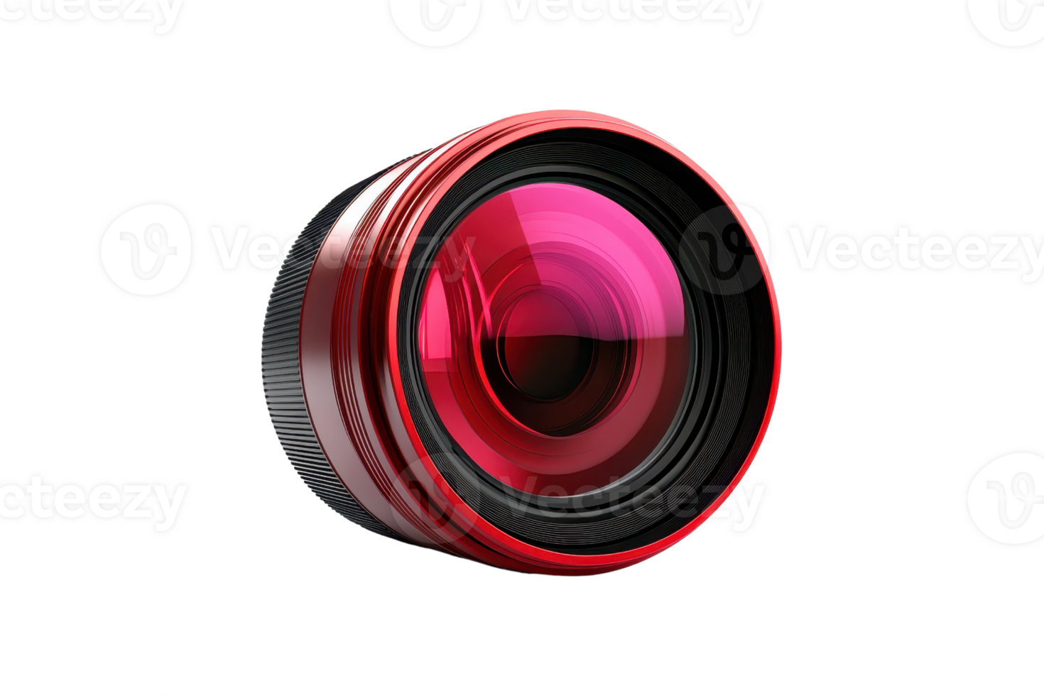 Close-up shot of a professional red camera lens with reflection, showcasing modern photography equipment and optics technology. png