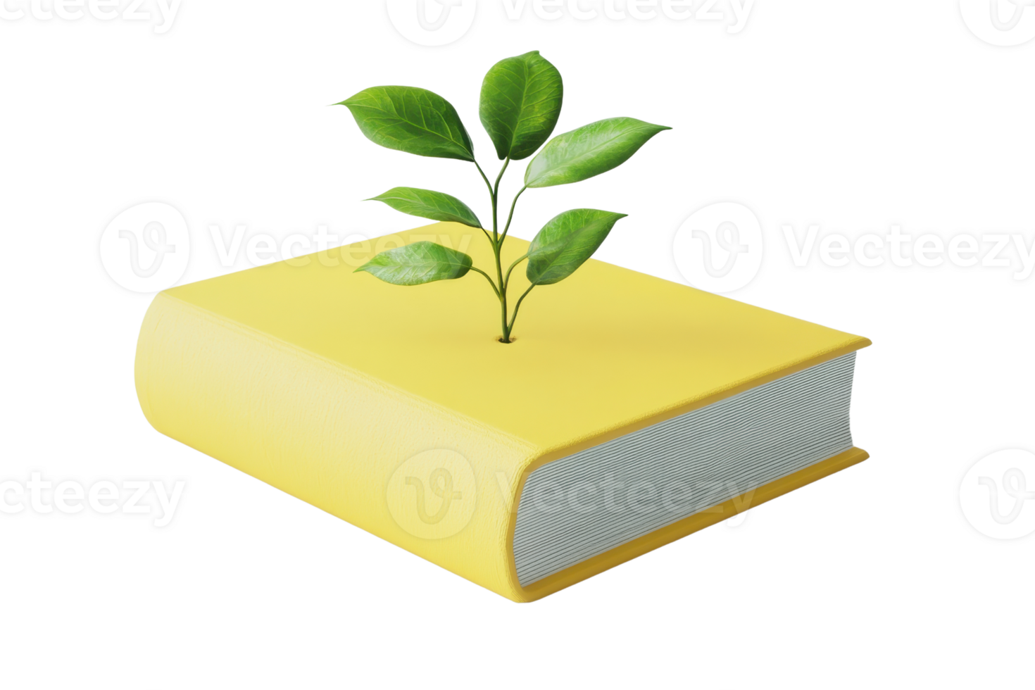 A vibrant yellow book with a green plant growing from the center, symbolizing knowledge, growth, and sustainability. png