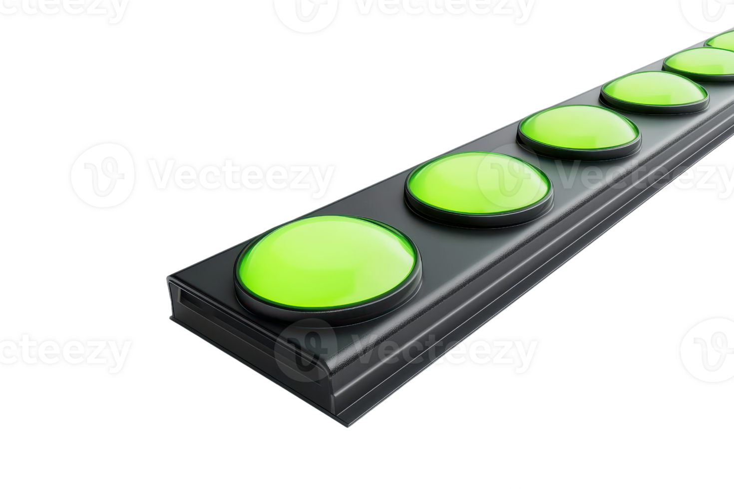 Row of green buttons on a black panel. Isolated on transparent background. Concept of choice, technology, and user interface. png
