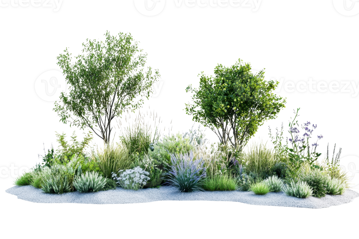 A beautiful, lush garden landscape with a variety of green plants, shrubs, and trees, perfect for nature-themed projects and backgrounds. png