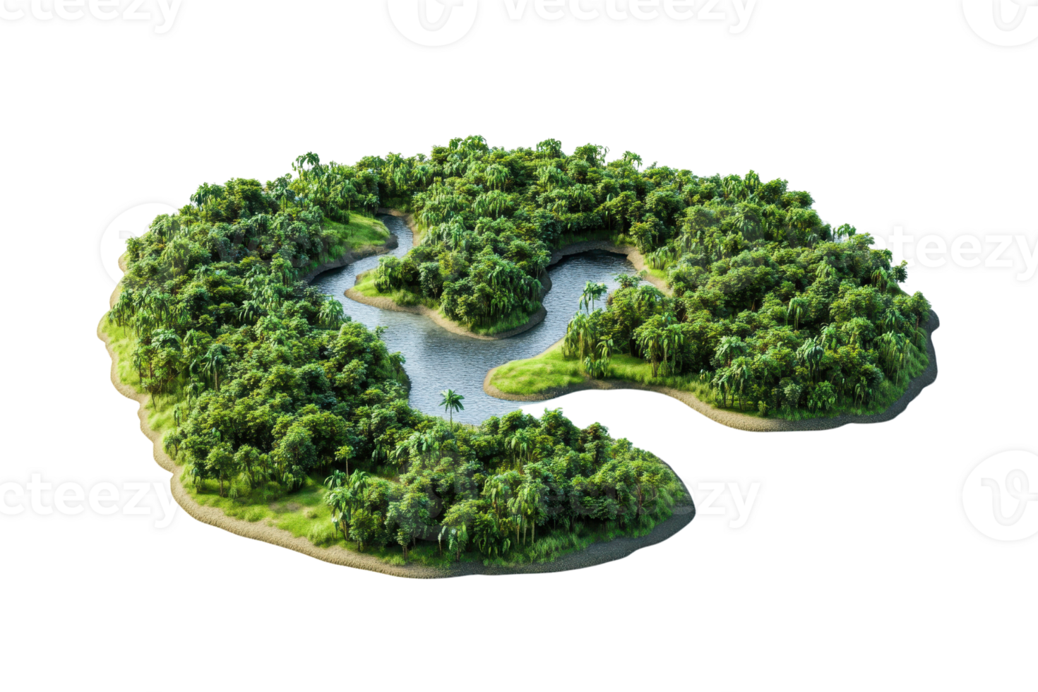Aerial view of a lush, green island surrounded by a winding river, showcasing the beauty of nature and tranquility of an isolated environment. png